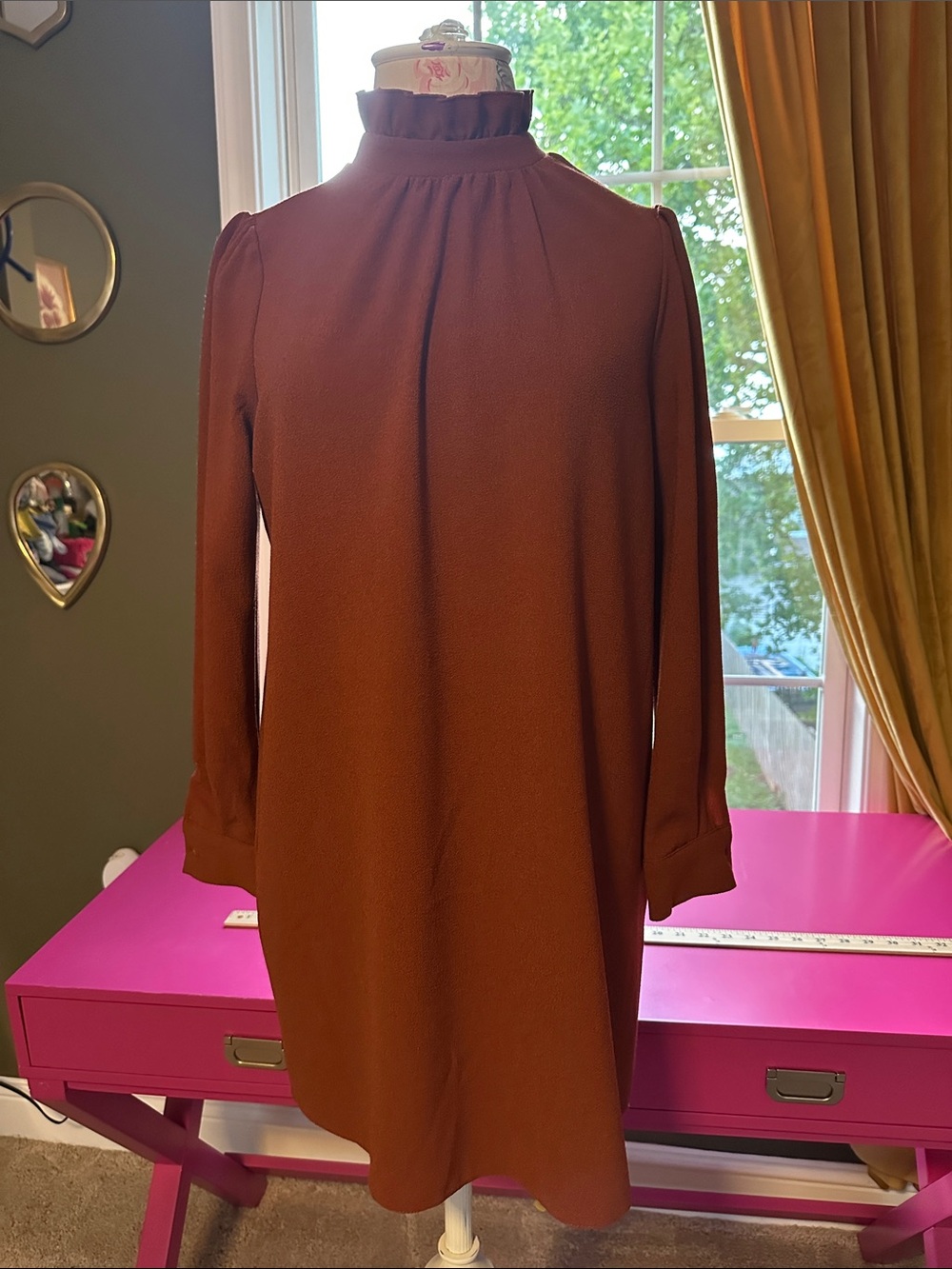 ASOS Rust Long Sleeve High-Neck Ruffle Dress